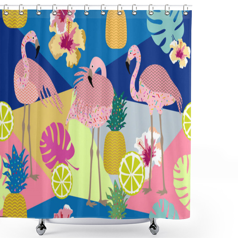 Personality  Dark Tropical Print. Seamless Vector Pattern With Pink Flamingos And Golden Pineapples.  Shower Curtains