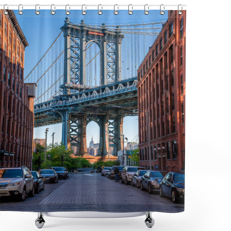 Personality  View Of The Manhattan Bridge From The Narrow Washington Street, Brooklyn, New York, USA Shower Curtains