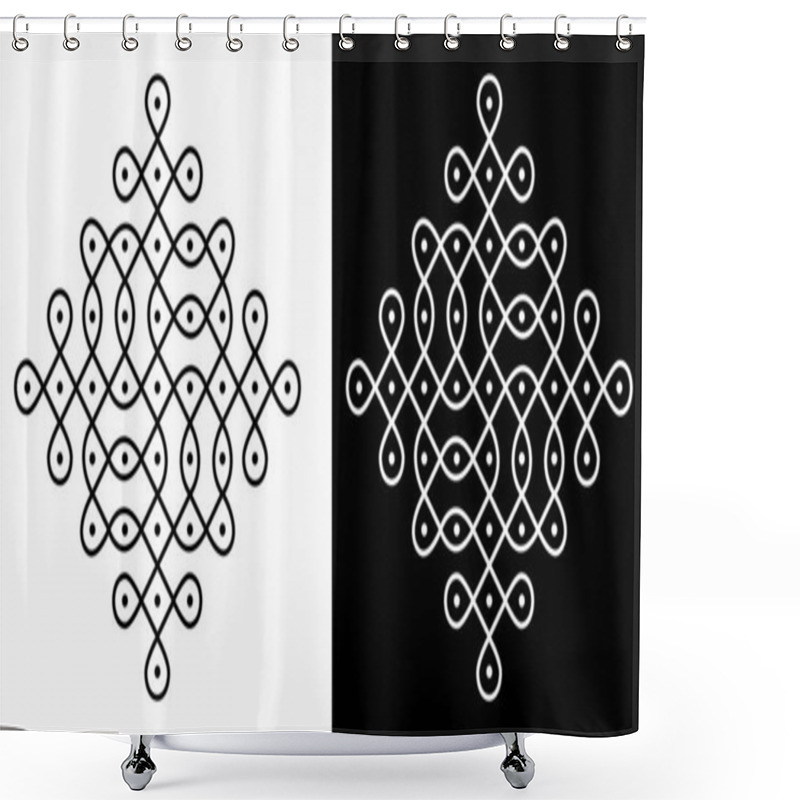 Personality  Indian Traditional And Cultural Rangoli Or Kolam Design Concept Of Curved Lines And Dots Isolated On Black And White Background - Vector Illustration Shower Curtains