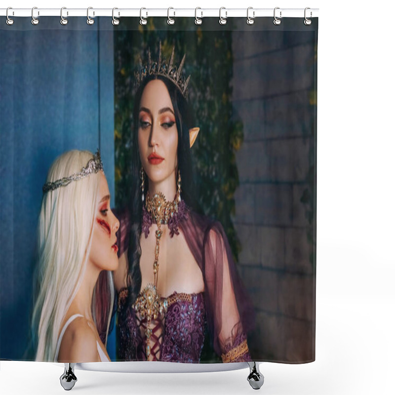 Personality  Art Fantasy Portrait Fairy Evil Insidious Revenge Woman Vampire Sexy Queen With Punishes Captive Sad Girl Princess. Halloween Creative Makeup Close Up Wound Scars Blood On Face. Medieval Ancient Room Shower Curtains