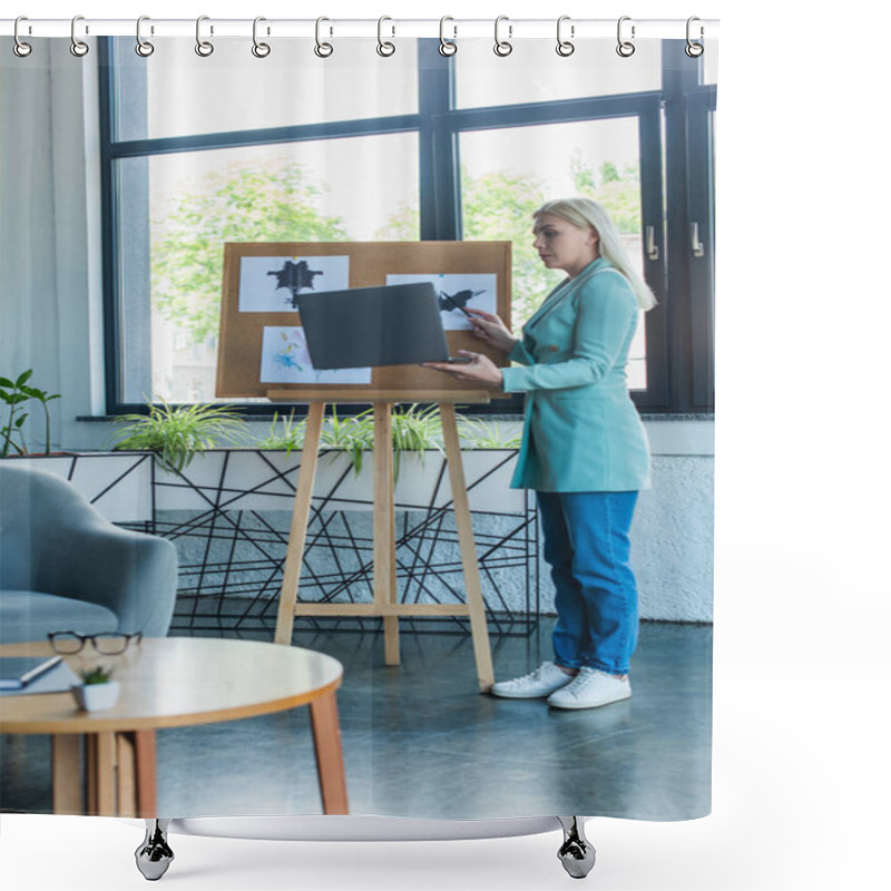 Personality  Side View Of Psychologist Having Video Call On Laptop Near Rorschach Test On Board In Consultation Room  Shower Curtains