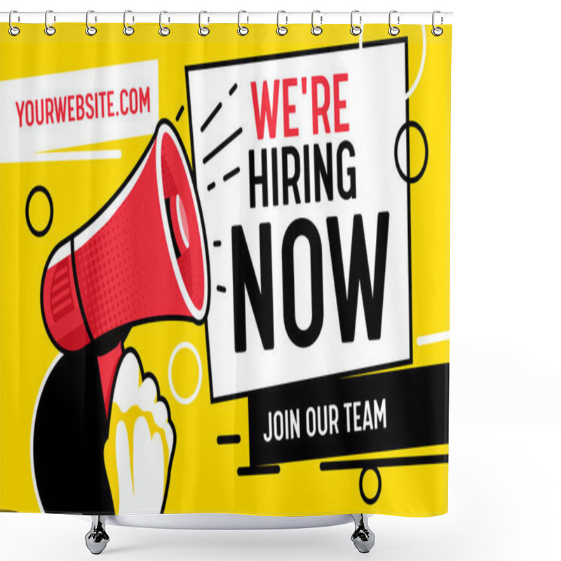 Personality  Now Hiring Vacancy Concept Poster Template. Outsource Team Hire Creative Employee. Career Promotion With Red Loudspeaker, Job Opportunity Ad Announcement Banner Pop Art Vector Illustration Shower Curtains