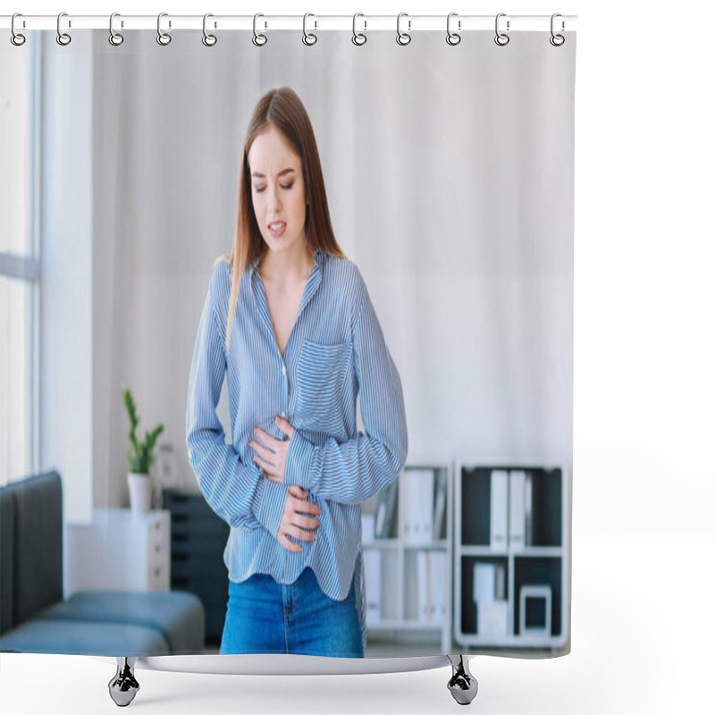 Personality  Woman Suffering From Stomachache At Home Shower Curtains