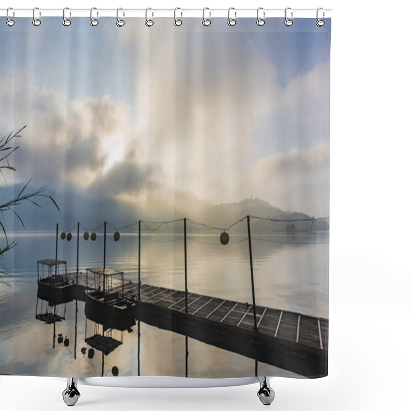 Personality  Moored Boats By Pier With Cloudy Sky Reflecting In Water Shower Curtains