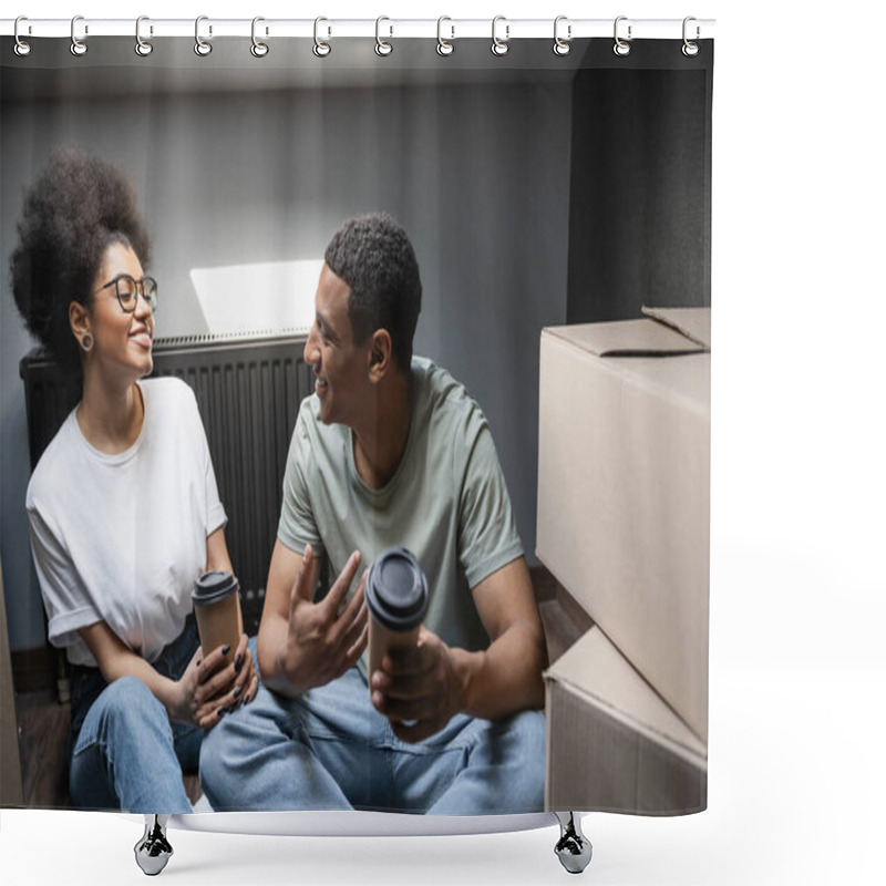 Personality  Positive African American Man Talking To Girlfriend With Coffee To Go On Attic In New House Shower Curtains