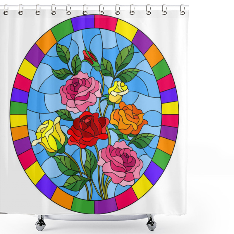 Personality  Illustration In Stained Glass Style With A Bouquet Of Roses On A Blue Background In A Bright Frame,oval  Image Shower Curtains