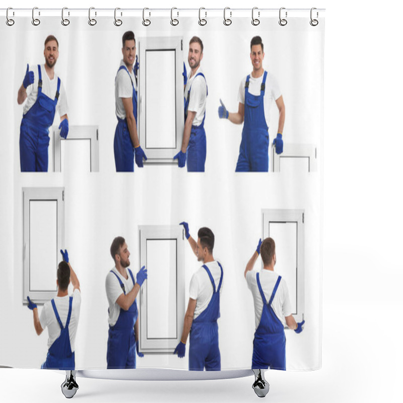 Personality  Workers With Plastic Window On White Background, Collage. Installation Service Shower Curtains