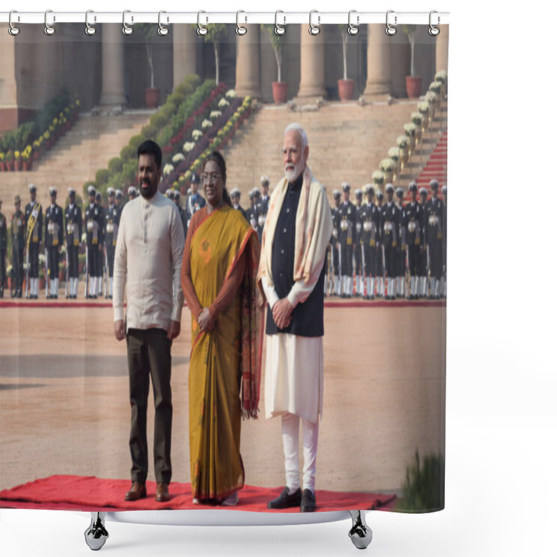 Personality  NEW DELHI, INDIA: DECEMBER 16, 2024 - Anura Kumara Dissanayake Sri Lankas President President Droupadi Murmu And Prime Minister Narendra Modi During A Ceremonial Reception At The Presidential Palace At Rashtrapati Bhavan.  Shower Curtains