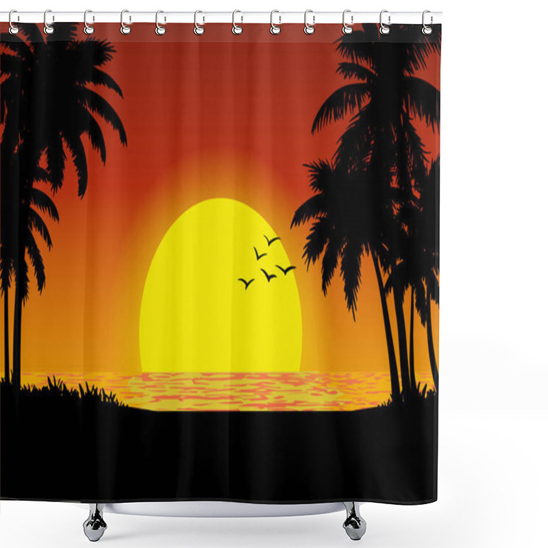 Personality  Vector Illustration Of A Tropical Beach Sunset View Shower Curtains