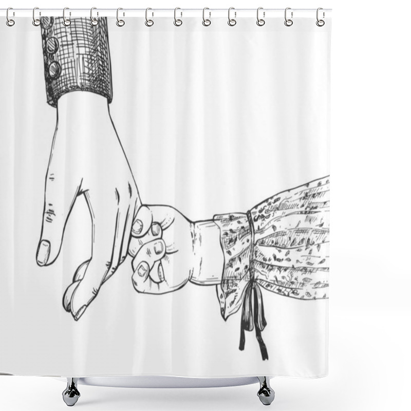 Personality  Vector Illustration Of Childhood Care, Parenting, Family. Child Hand Holding Dad Finger. Happy Father Day. Vintage Hand Drawn Style. Shower Curtains