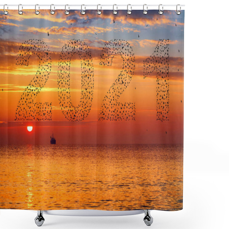 Personality  2021 Happy New Year Concept. Silhouetteof  Flying Birds At Sunset Sky  Shower Curtains