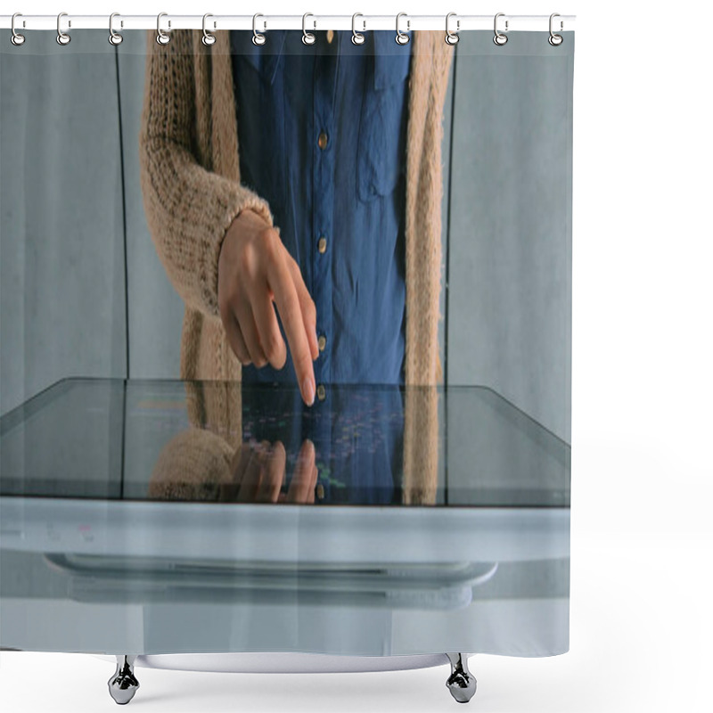 Personality  Woman Using Interactive Touchscreen Display At Urban Exhibition Shower Curtains