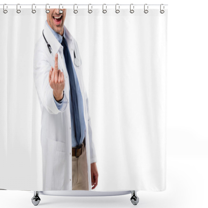 Personality  Cropped View Of Doctor Showing Middle Finger Isolated On White Shower Curtains