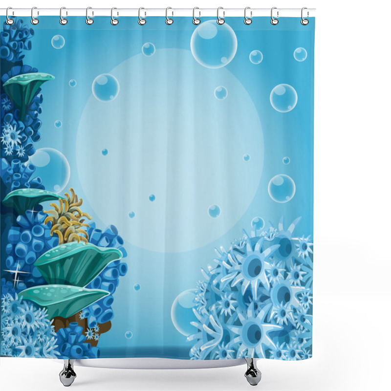 Personality  Deep Sea Blue Background With Actin And Corals. Banner For Your Text Shower Curtains