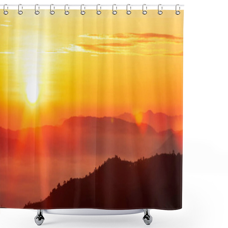 Personality  Glowing Sunrise Shines Over Mountain Range, Magical Star Shape Ray From The Sun With Lens Flare. Exploration, Inspiration Concept. Shower Curtains