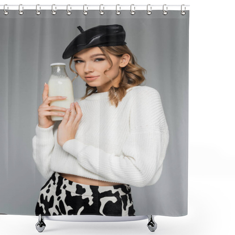 Personality  Young Woman In Black Beret And Skirt With Animal Print Holding Bottle With Milk Isolated On Grey Shower Curtains