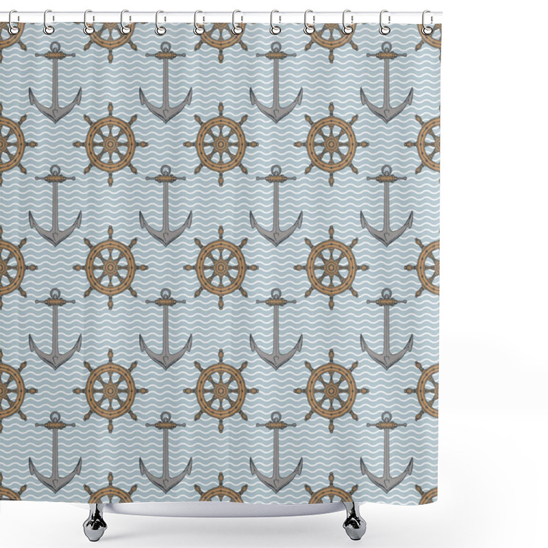 Personality  Vector Seamless Background On The Theme Of Nautical Travel, Adventure And Discovery. Anchors And Steering Wheels In Retro Style On Blue Background With Waves Shower Curtains