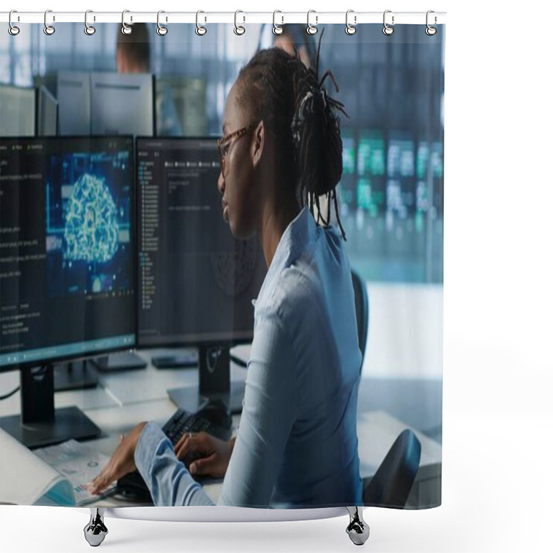 Personality  Woman Leaving Desk After Finishing Programming Tasks In AI Data Center Used For Machine Learning Training. Engineer Ending Job Shift After Upgrading Artificial Intelligence Tech, Camera A Close Up Shower Curtains