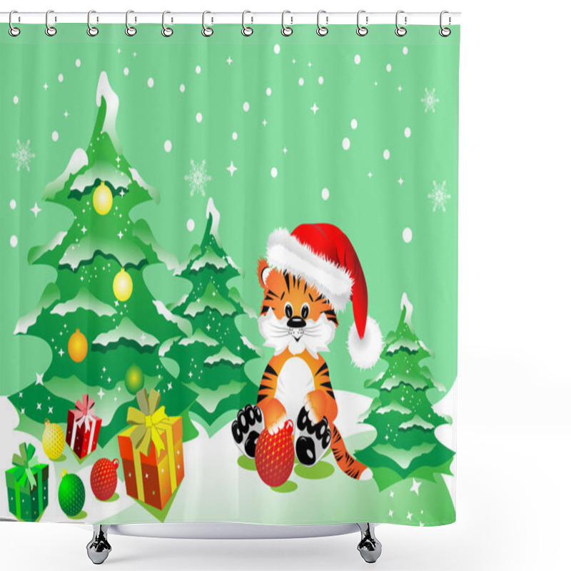 Personality  A Tiger With Christmas Gifts Shower Curtains