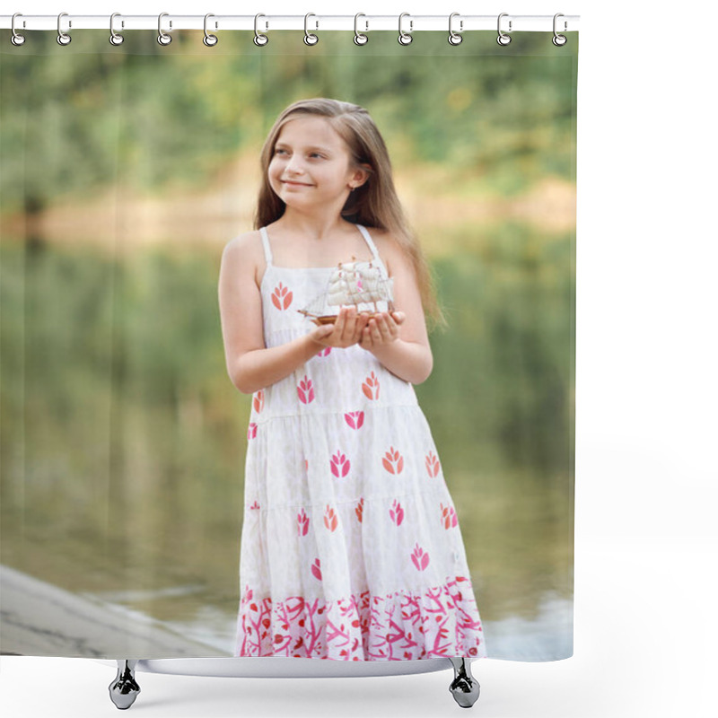 Personality  Girl Playing With A Toy Sailing Ship By The River Shower Curtains