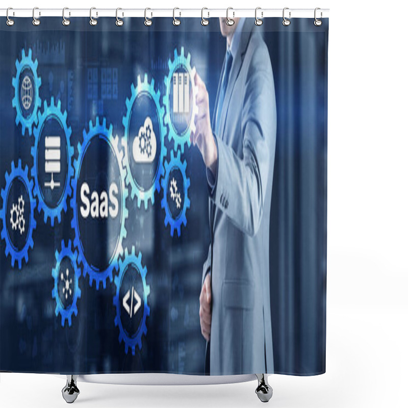 Personality  SaaS Software As A Service Concept With Hand Pressing Text Shower Curtains