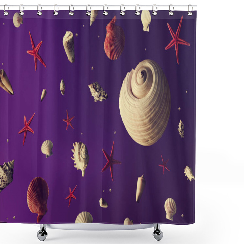 Personality  Creative Abstract Universe Pattern With Planets Made Of Shells And Sea Marine Life On Purple Background, Summer Concept  Shower Curtains