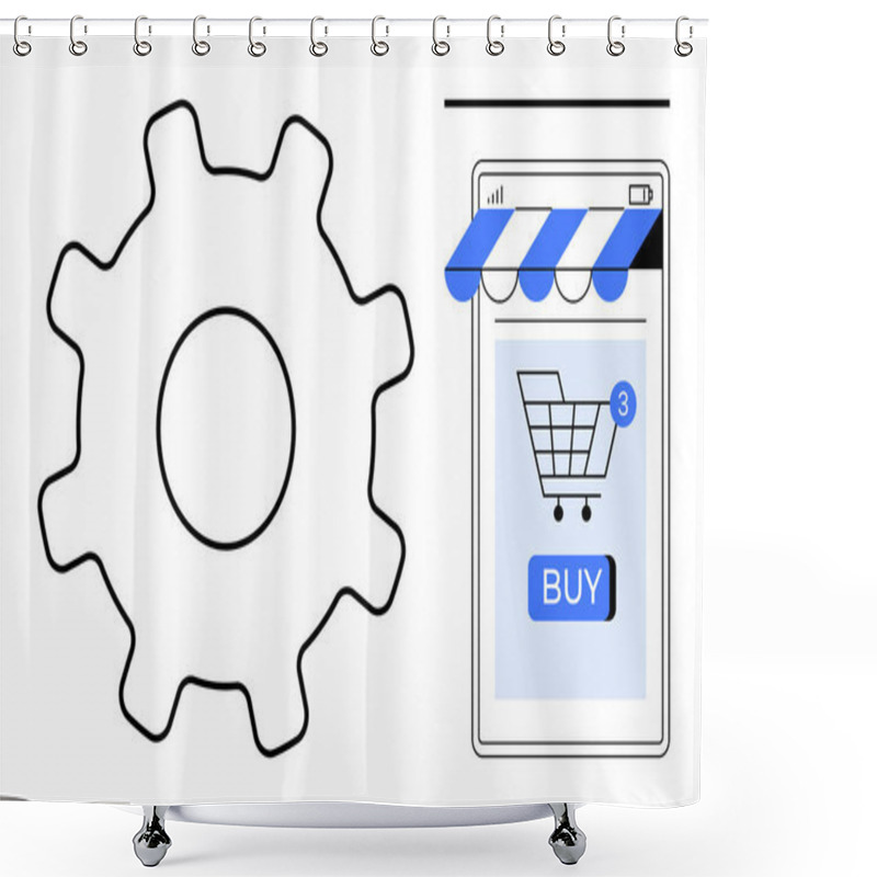 Personality  A Mobile Phone Screen With A Shopping Cart Icon And A Blue Buy Button Next To A Large Gear. Ideal For Online Shopping, Technology, App Development, Ecommerce, User Experience. Modern Flat Style Shower Curtains