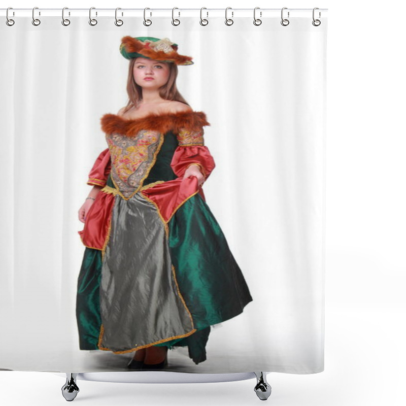 Personality  Portrait Of Charming Woman In The Dress Of The Nineteenth Century With A Beautiful Hat Shower Curtains