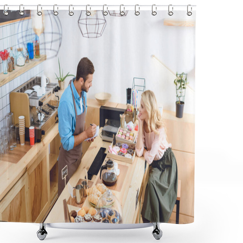 Personality  Waiter With Notebook And Smiling Woman Shower Curtains