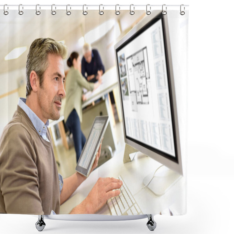 Personality  Engineer Working In Design Office Shower Curtains