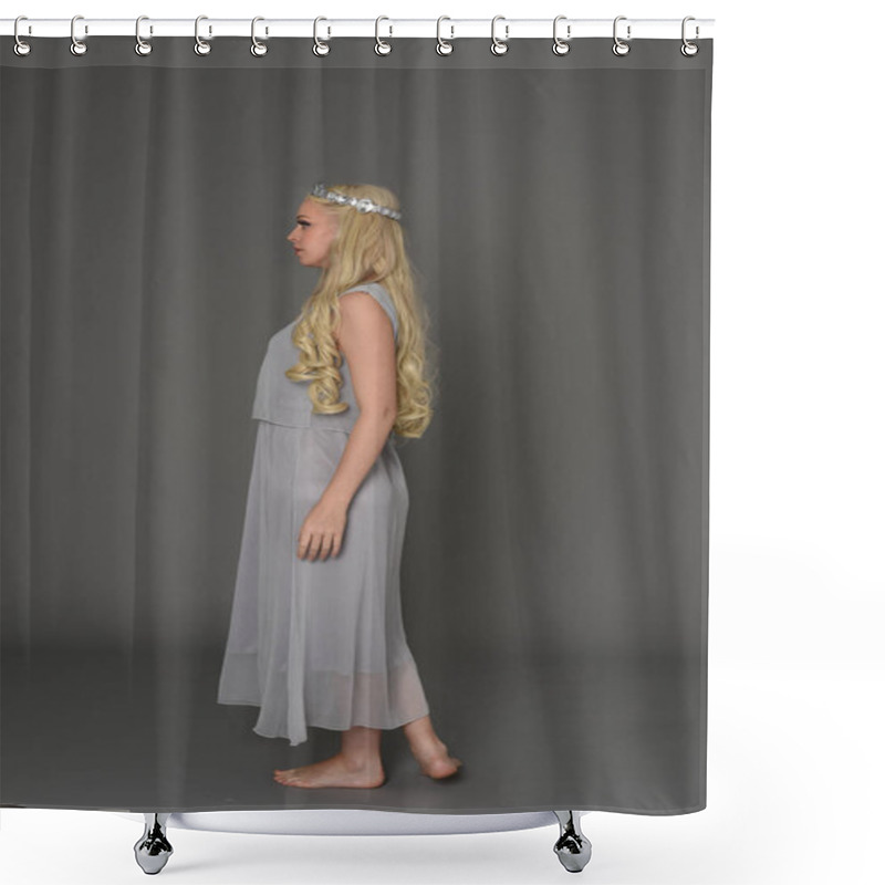 Personality  Full Length Portrait Of Blonde Girl Wearing Crow And Grey Dress, Standing Pose In Side Profile.  Grey Studio Background. Shower Curtains