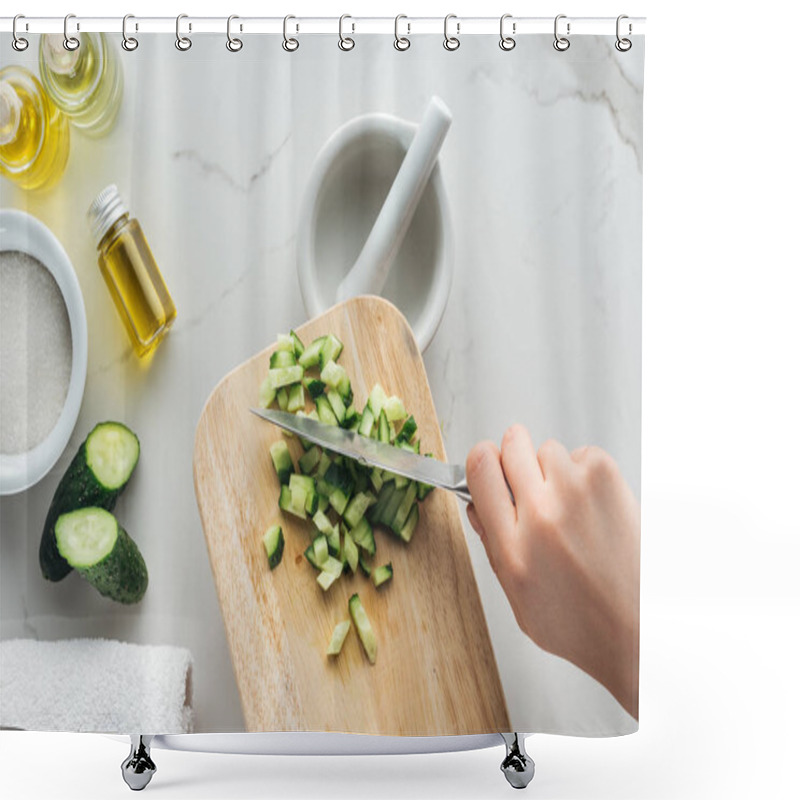 Personality  Partial View Of Woman Cutting Cucumber On Wooden Cutting Desk, Pounder And Various Cosmetic Ingredients On White Surface  Shower Curtains