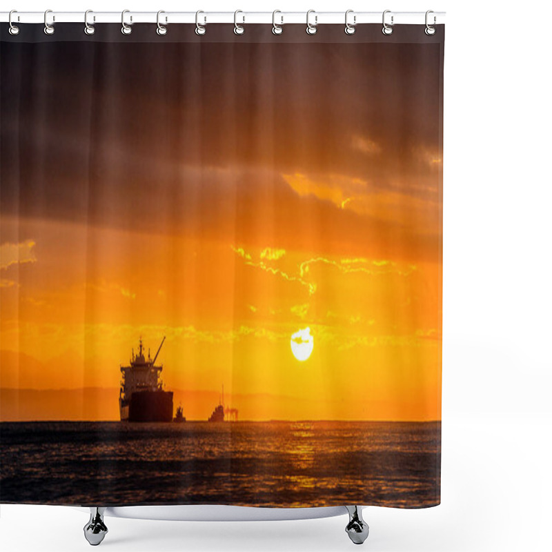 Personality  Oil Tankers Ship At Sea On A Background Of Sunset Sky. Oil Tankers In The Ocean. Early In The Morning, The Sunrise Sky. South Africa. Mossel Bay Shower Curtains