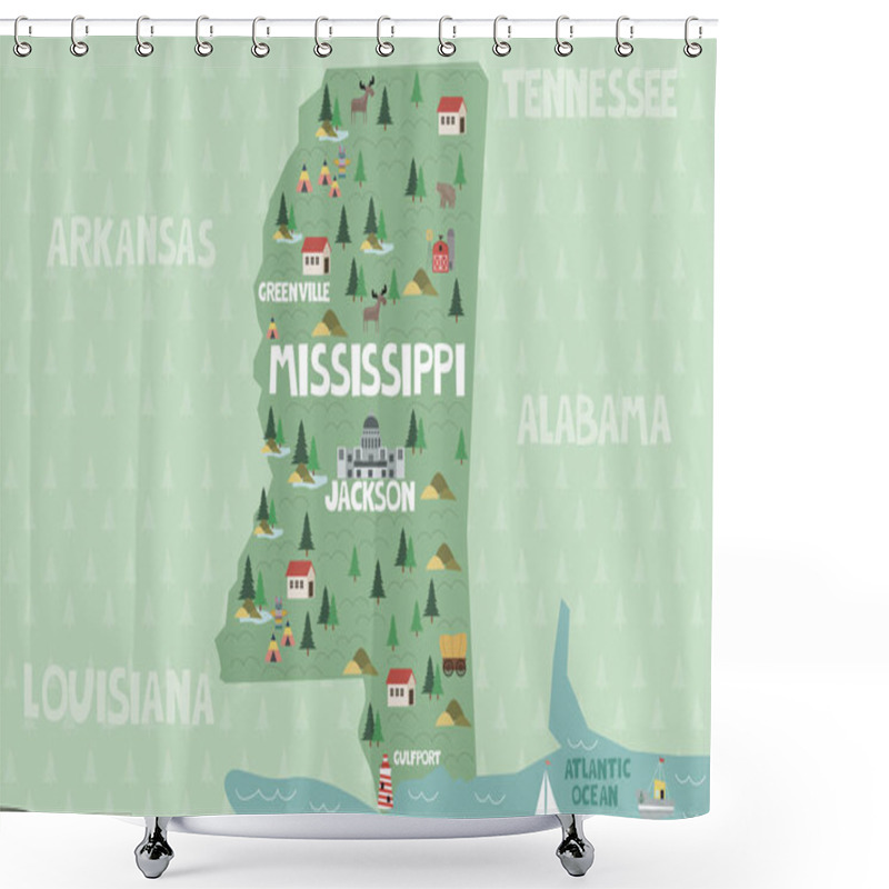 Personality  Illustrated Map Of The State Of Mississippi In United States With Cities And Landmarks. Editable Vector Illustration Shower Curtains