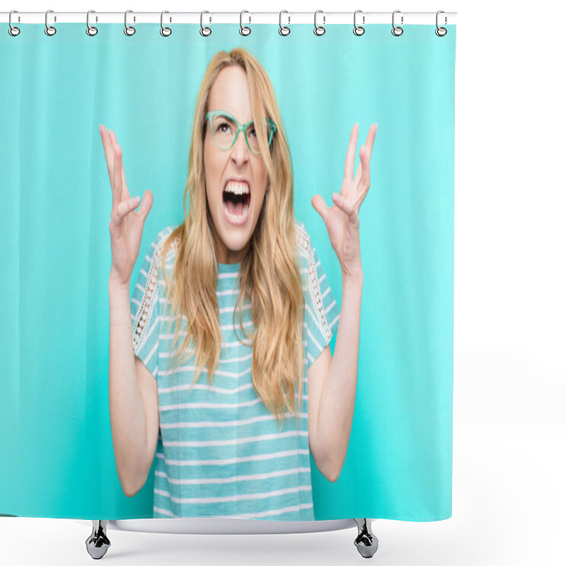 Personality  Young Pretty Blonde Woman Furiously Screaming, Feeling Stressed And Annoyed With Hands Up In The Air Saying Why Me Against Flat Color Wall Shower Curtains