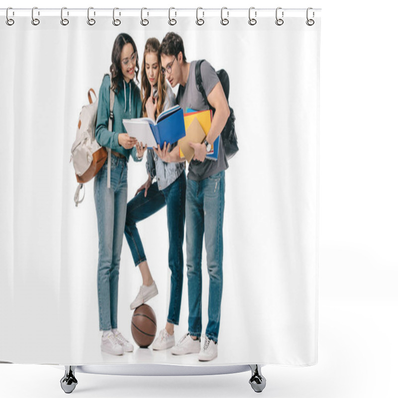 Personality  Multiethnic Students Looking At Book Isolated On White Shower Curtains