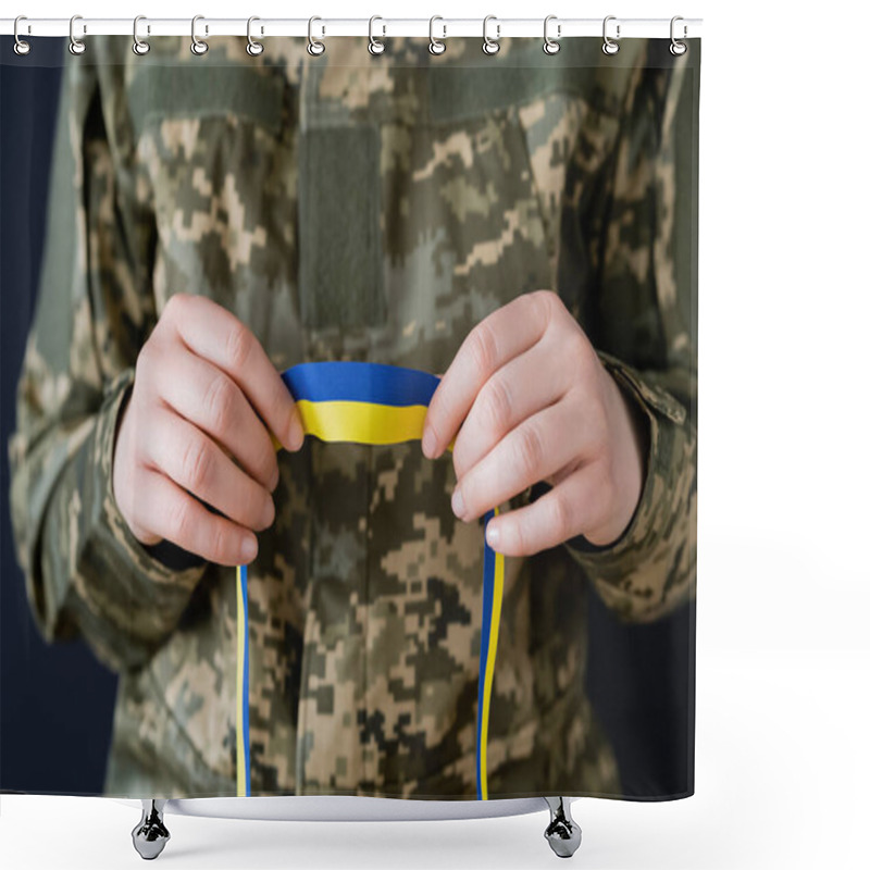 Personality  Partial View Of Woman In Military Uniform Holding Blue And Yellow Ribbon Isolated On Black Shower Curtains