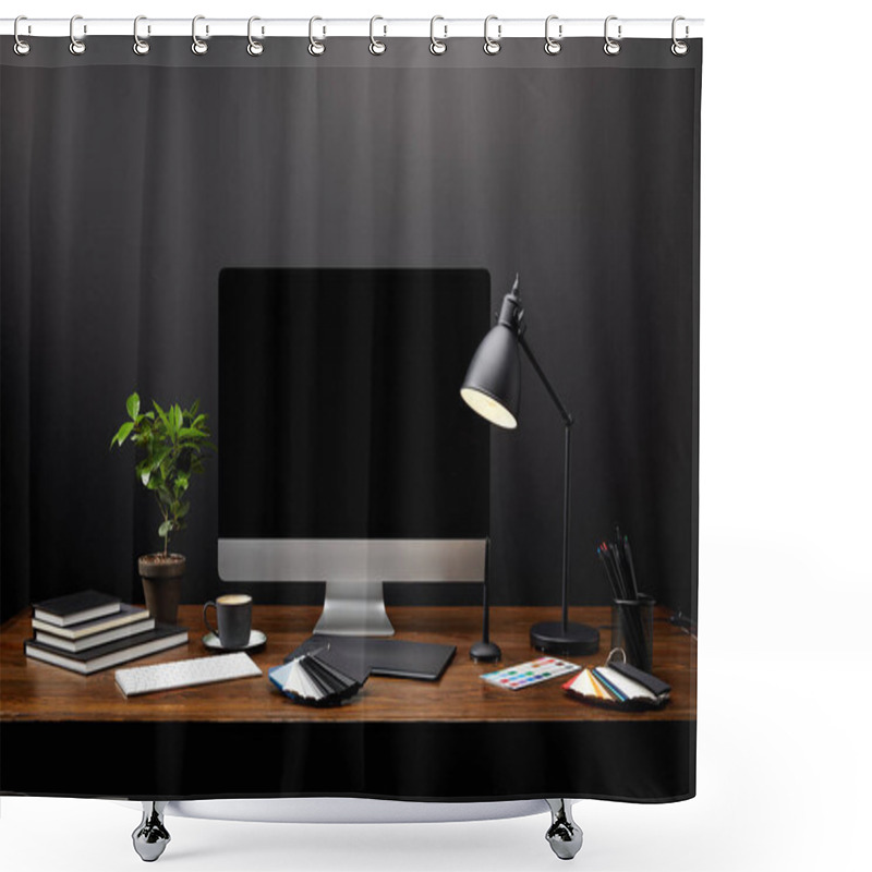 Personality  Close Up View Of Graphic Designer Workplace With Graphic Tablet, Blank Computer Screen, Notebooks And Pallet On Wooden Tabletop Shower Curtains