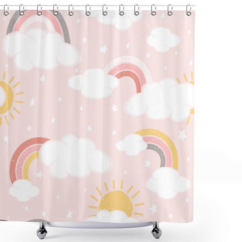 Personality  Seamless Background With Clouds And Rainbows On Pink Sky. Magical Repeat Pattern. Illustration Can Be Used For Wallpaper, Children's Clothing Design, Pattern Fill, Web Page Background, Wrapping Paper Shower Curtains