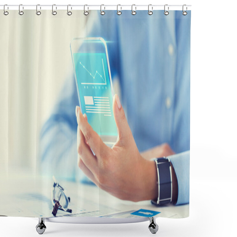 Personality  Close Up Of Woman With Transparent Smartphone Shower Curtains