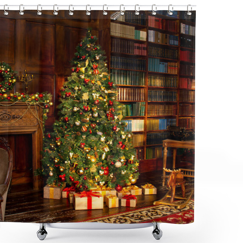 Personality  Christmas Tree With Beautiful Balls In Brown Interior. Room In Classic Style. Christmas Decor Shower Curtains