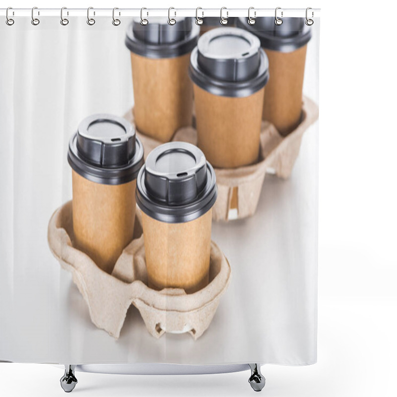 Personality  Paper Cups With Coffee In Cardboard Tray On White Background  Shower Curtains