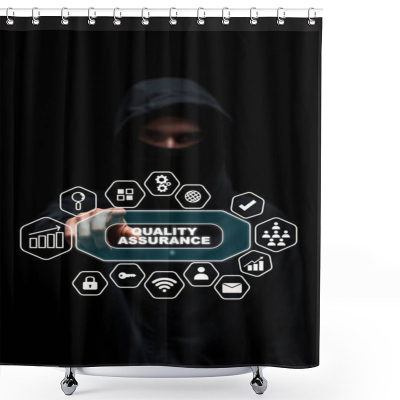 Personality  Selective Focus Of Hacker In Hood Pointing With Finger At Quality Assurance Lettering On Black  Shower Curtains