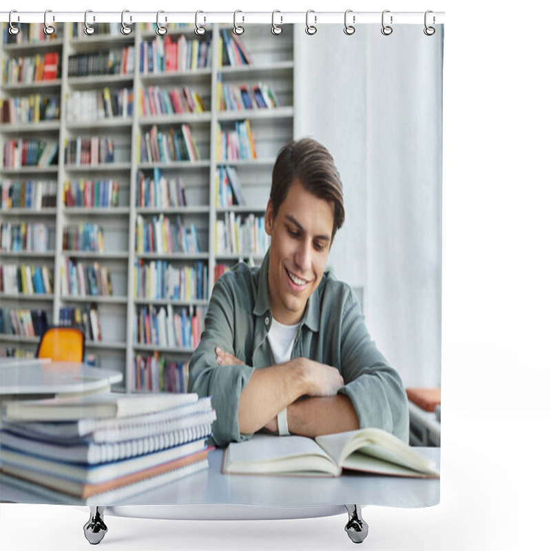 Personality  Joyous Handsome Student In Casual Attire At School, Studying Hard. Shower Curtains