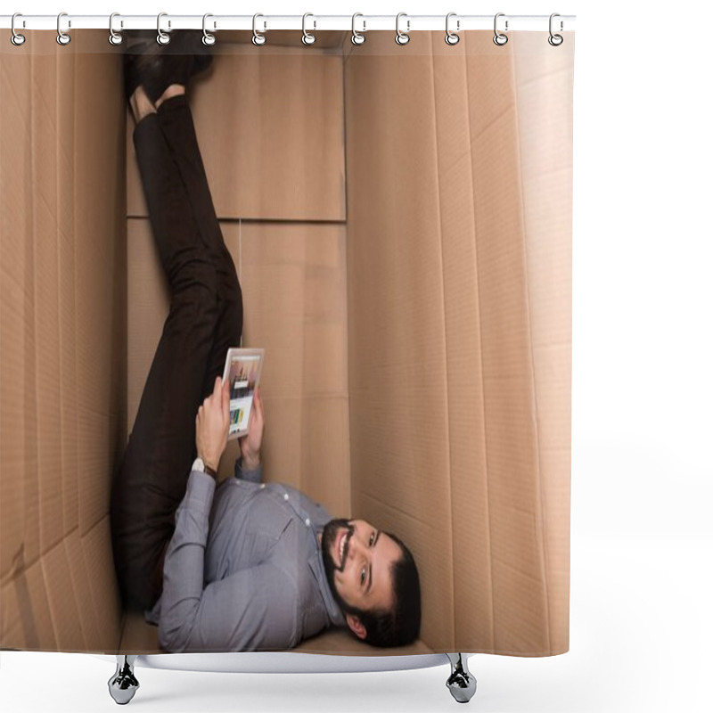 Personality  Man Using Tablet With Shutterstock Shower Curtains