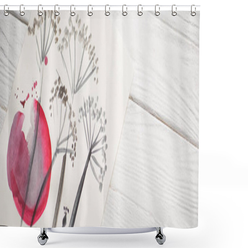 Personality  High Angle View Of Paper With Japanese Painting With Flowers And Pink Circle On Wooden Background, Panoramic Shot Shower Curtains