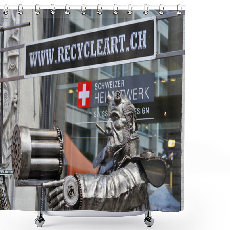 Personality  Zurich, Swiss Confederation August 11, 2018: Welded Metal Sculpture From Waste Machinery Elements At The Entrance To The Exhibition Hall RECYCLEART.CH. Shower Curtains