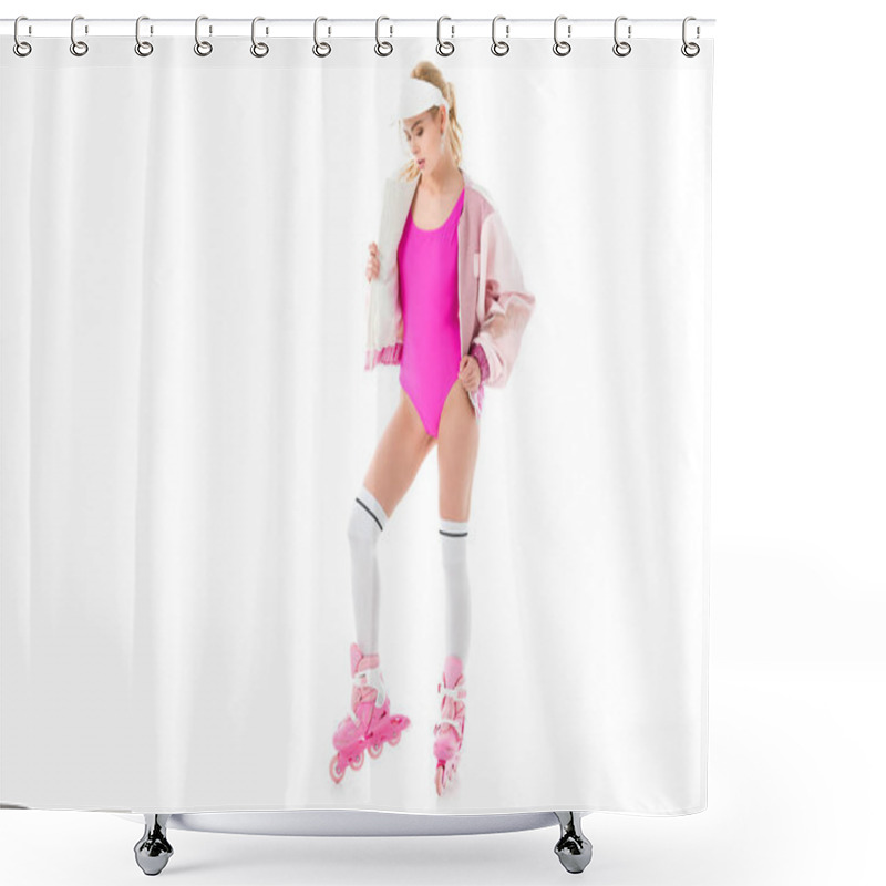 Personality  Young Girl Wearing Pink Roller Skates And Swimsuit Isolated On White Shower Curtains