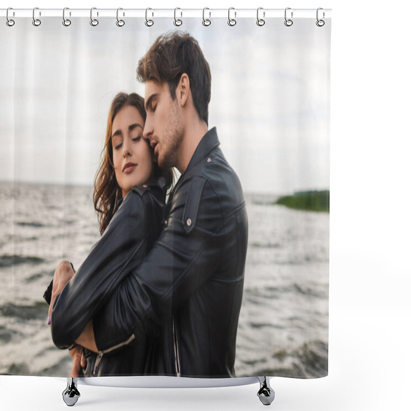 Personality  Side View Of Man Embracing Girlfriend In Leather Jacket Near Sea  Shower Curtains