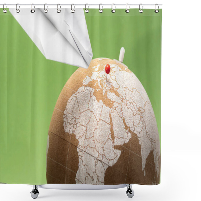 Personality  Cork Globe With Red Pin On European Region And Paper Plane Landing. Green Background. Holiday Traveling Concept. Shower Curtains